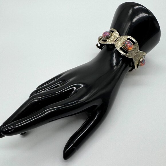 Vintage 1970s Silver 925 Panel Bracelet Faux Opal Beads Cabochons Mexico - Picture 4 of 14